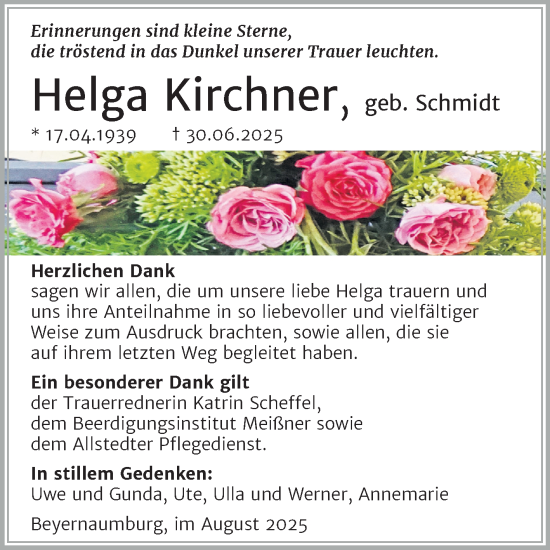 Traueranzeige von Helga Kirchner von Trauerkombi Sangerhausen