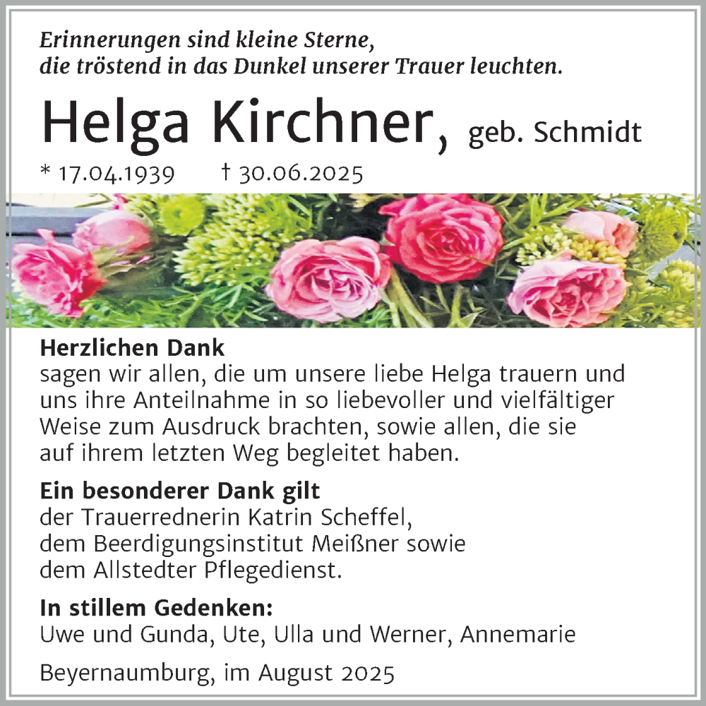  Traueranzeige für Helga Kirchner vom 09.08.2025 aus Trauerkombi Sangerhausen