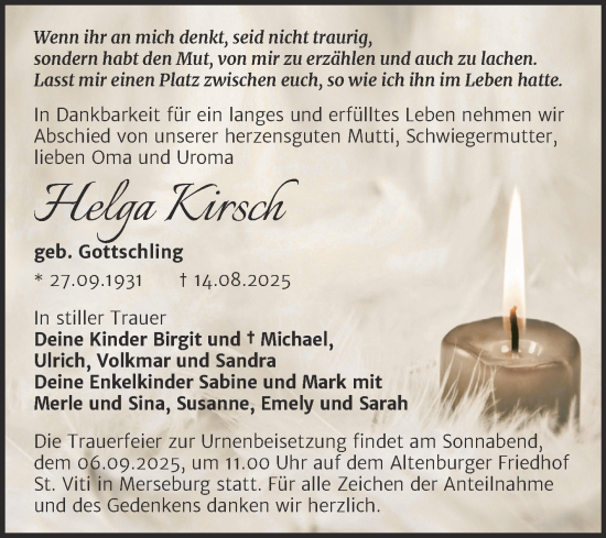 Traueranzeige von Helga Kirsch von Trauerkombi Merseburg
