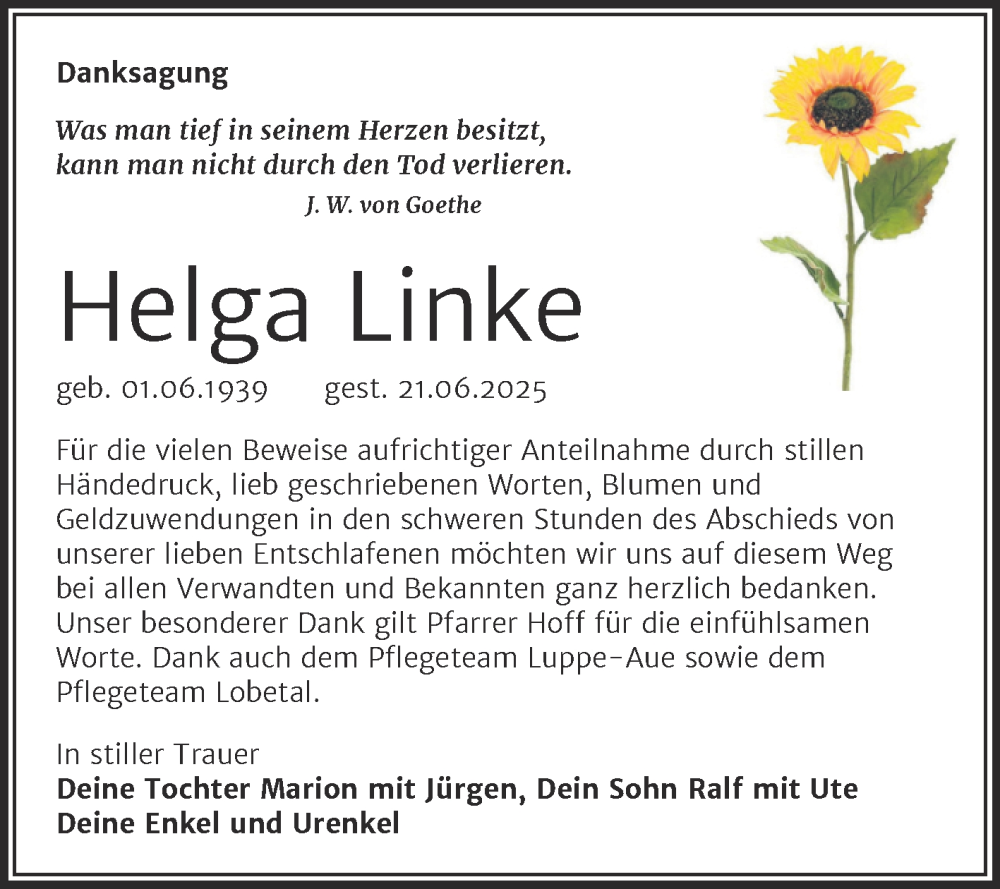  Traueranzeige für Helga Linke vom 09.08.2025 aus Trauerkombi Merseburg