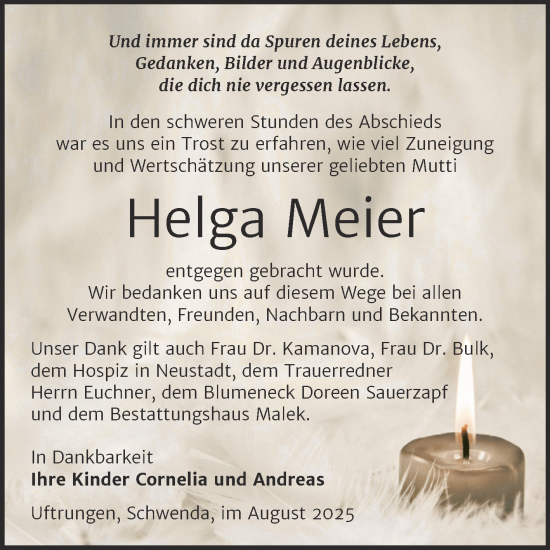 Traueranzeige von Helga Meier von Trauerkombi Sangerhausen