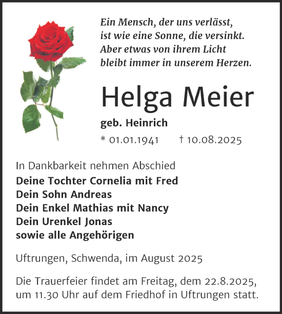 Traueranzeige von Helga Meier von Trauerkombi Sangerhausen