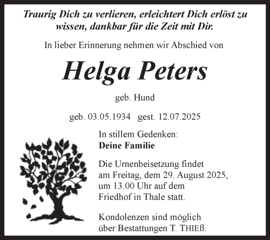 Traueranzeige von Helga Peters von Trauerkombi Quedlinburg