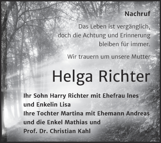 Traueranzeige von Helga Richter von Trauerkombi Weißenfels