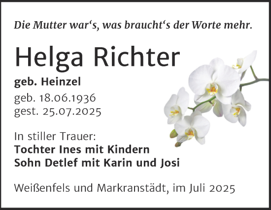 Traueranzeige von Helga Richter von Trauerkombi Weißenfels