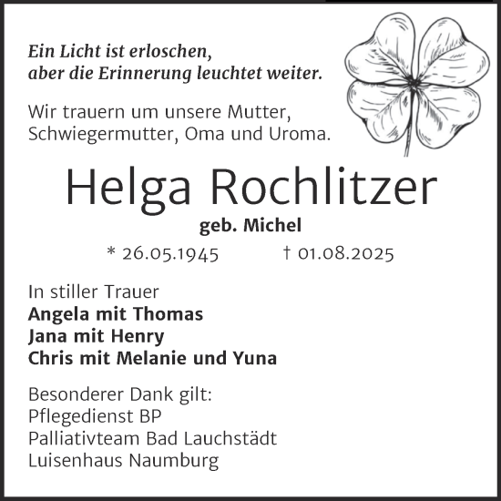 Traueranzeige von Helga Rochlitzer von Super Sonntag Naumburg/Nebra