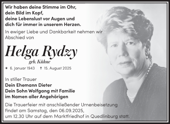 Traueranzeige von Helga Rydzy von Trauerkombi Quedlinburg