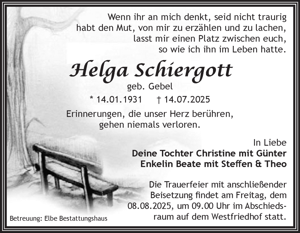  Traueranzeige für Helga Schiergott vom 02.08.2025 aus Volksstimme Magdeburg