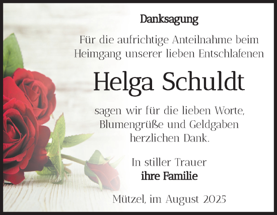 Traueranzeige von Helga Schuldt von Volksstimme Burg/Genthin