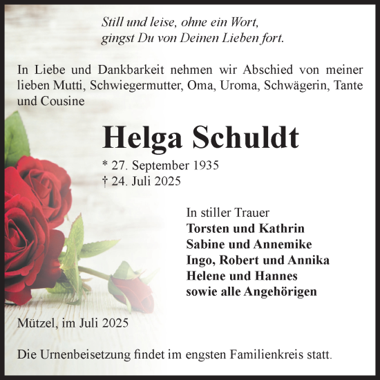 Traueranzeige von Helga Schuldt von Volksstimme Burg/Genthin