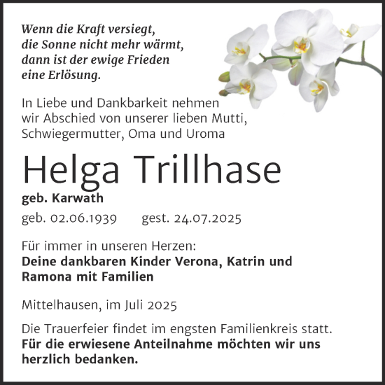 Traueranzeige von Helga Trillhase von Super Sonntag Sangerhausen