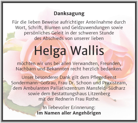 Traueranzeige von Helga Wallis von Trauerkombi Mansfelder Land