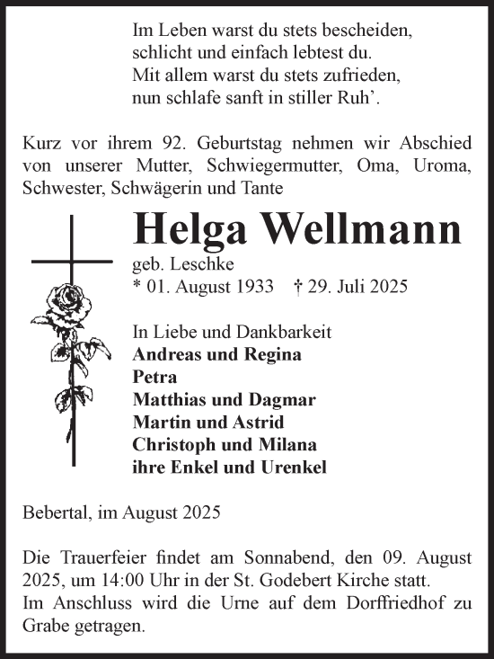Traueranzeige von Helga Wellmann von Volksstimme Haldensleben/Wolmirstedt