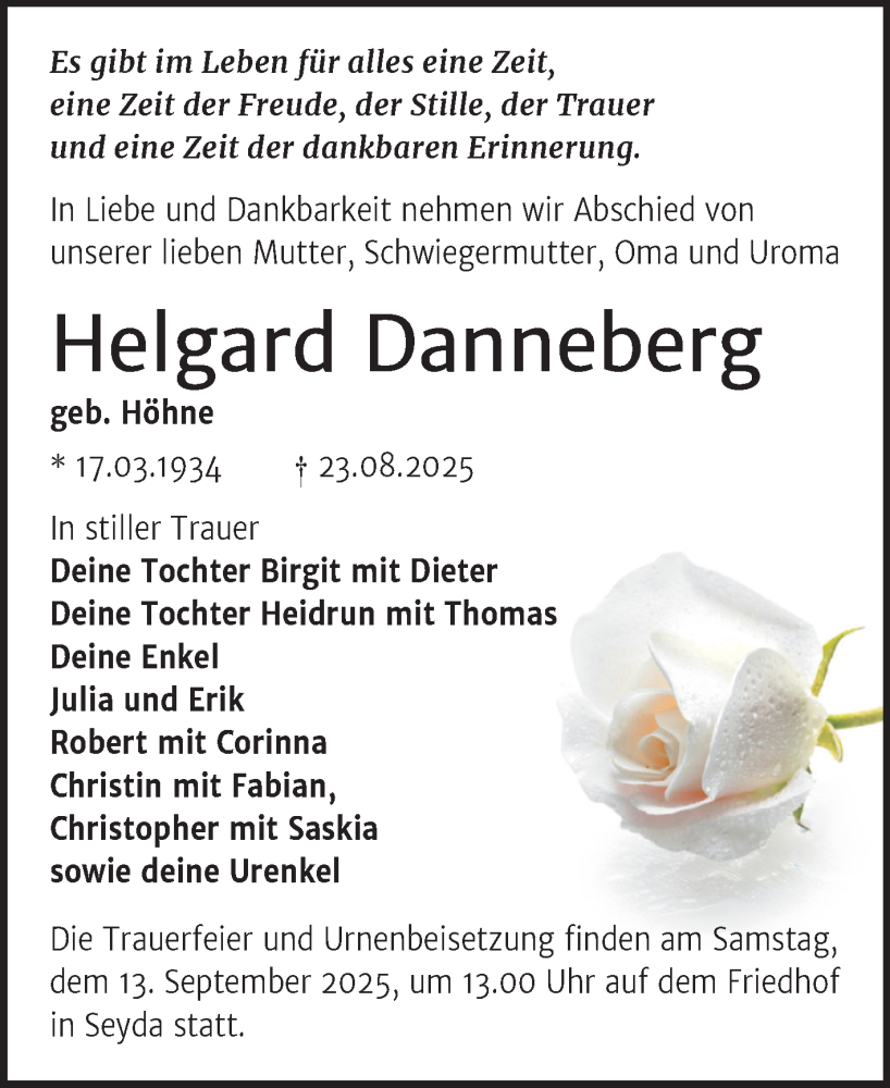  Traueranzeige für Helgard Danneberg vom 30.08.2025 aus Trauerkombi Wittenberg