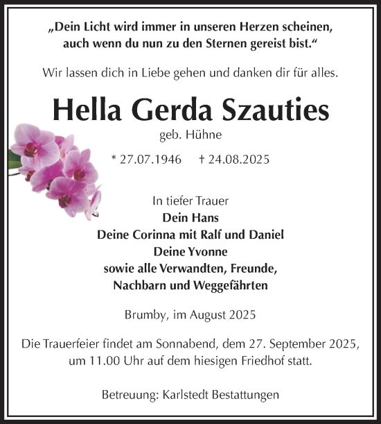 Traueranzeige von Hella Gerda Szauties von Volksstimme Schönebeck