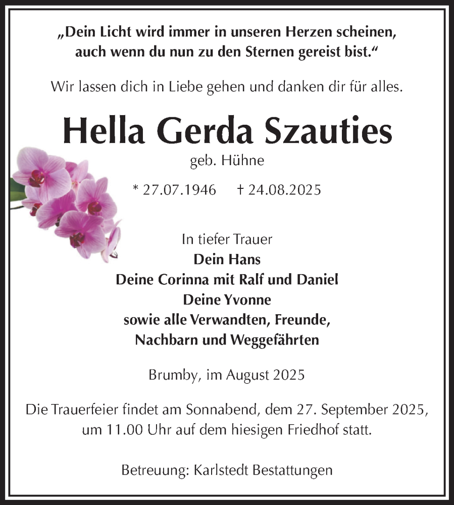  Traueranzeige für Hella Gerda Szauties vom 30.08.2025 aus Volksstimme Schönebeck