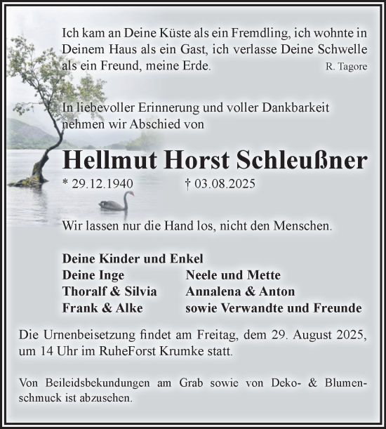 Traueranzeige von Hellmut Horst Schleußner von Volksstimme Altmark Ost
