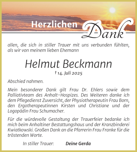 Traueranzeige von Helmut Beckmann von Trauerkombi Dessau