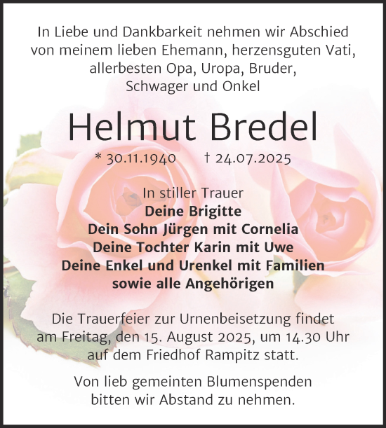 Traueranzeige von Helmut Bredel von Trauerkombi Merseburg