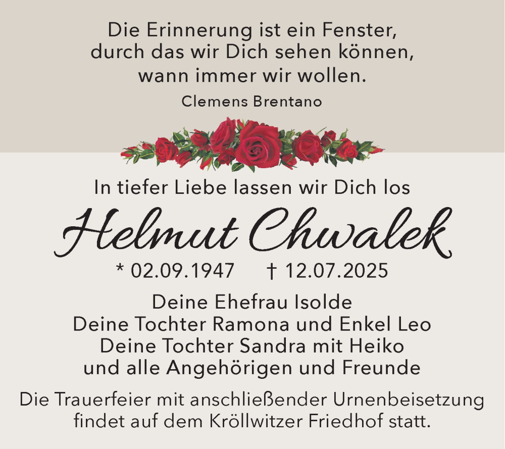  Traueranzeige für Helmut Chwalek vom 02.08.2025 aus Mitteldeutsche Zeitung Halle/Saalkreis