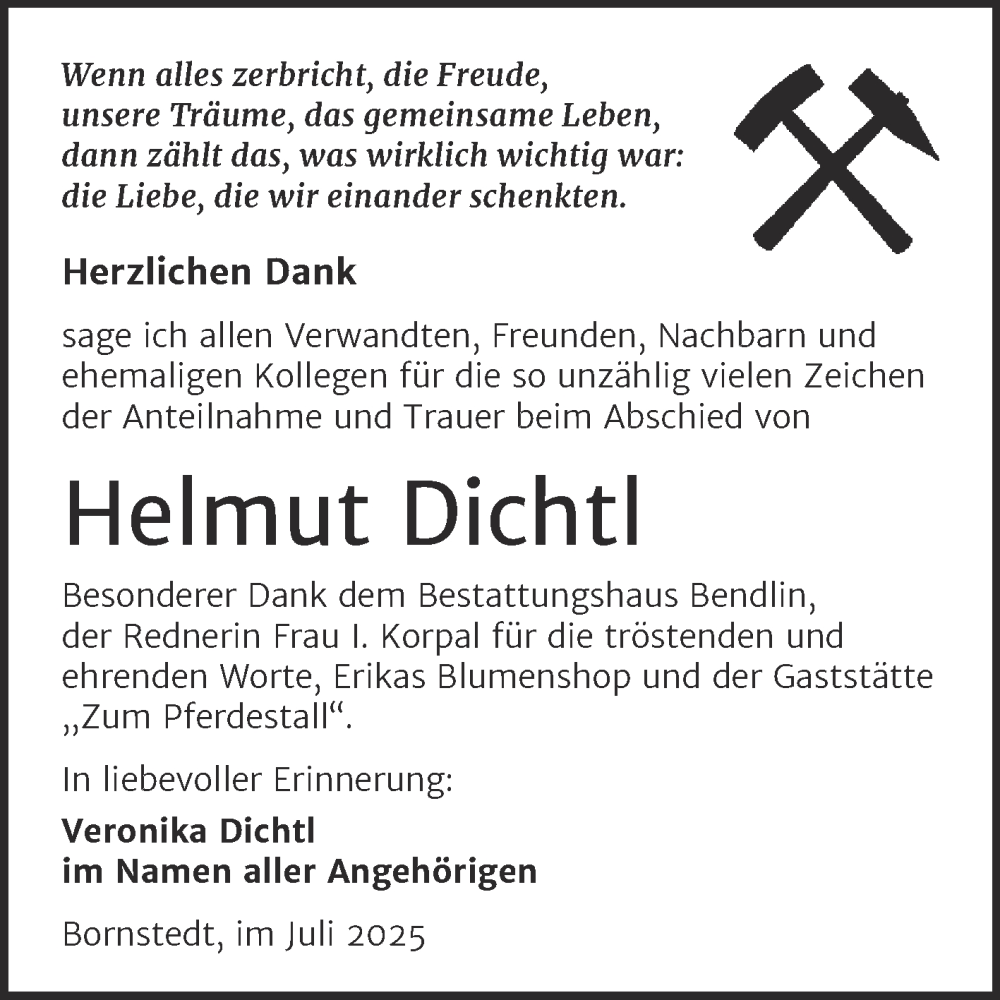  Traueranzeige für Helmut Dichtl vom 02.08.2025 aus Trauerkombi Mansfelder Land
