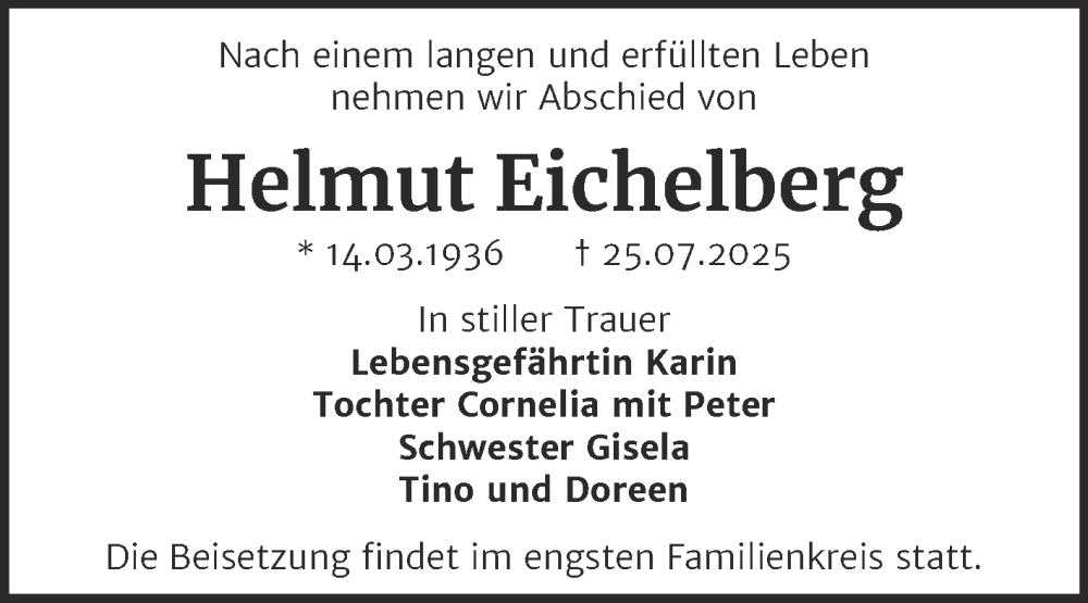 Traueranzeige für Helmut Eichelberg vom 02.08.2025 aus Trauerkombi Dessau