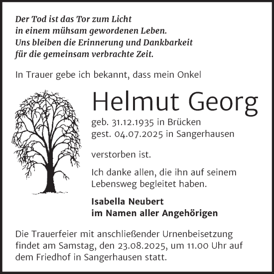 Traueranzeige von Helmut Georg von Trauerkombi Sangerhausen
