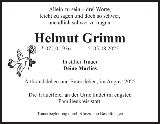 Traueranzeige von Helmut Grimm von Volksstimme Oschersleben/Wanzleben