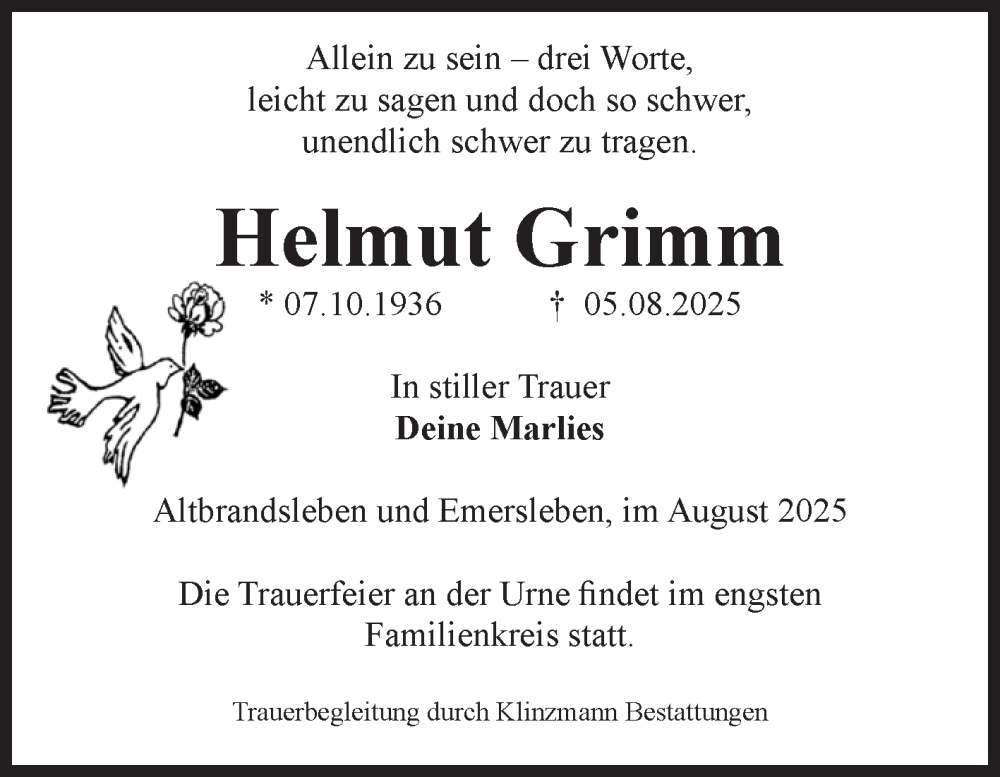  Traueranzeige für Helmut Grimm vom 09.08.2025 aus Volksstimme Oschersleben/Wanzleben