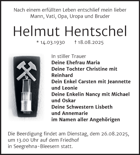 Traueranzeige von Helmut Hentschel von Trauerkombi Wittenberg