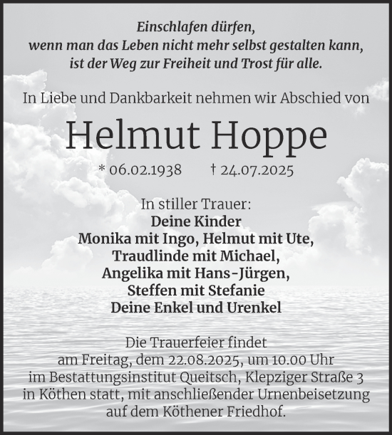 Traueranzeige von Helmut Hoppe von Trauerkombi Köthen