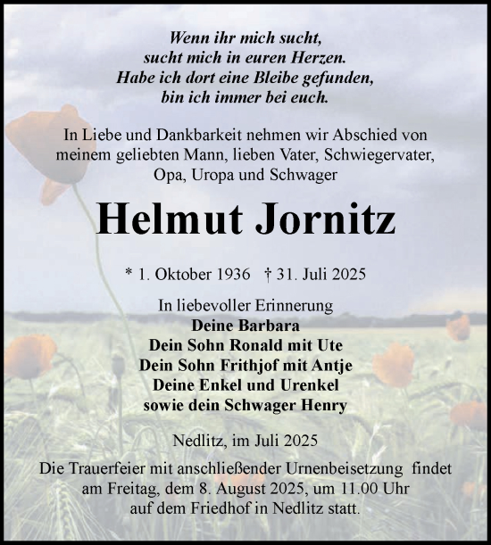 Traueranzeige von Helmut Jornitz von Volksstimme Burg/Genthin