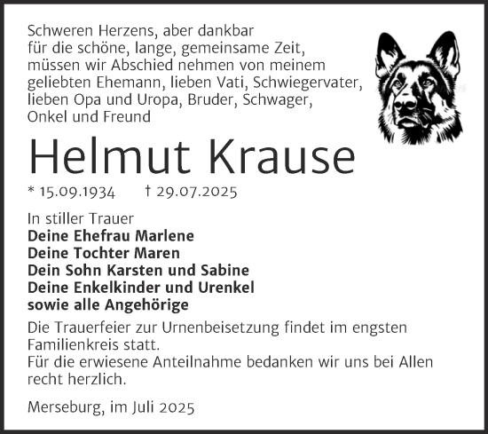 Traueranzeige von Helmut Krause von Trauerkombi Merseburg