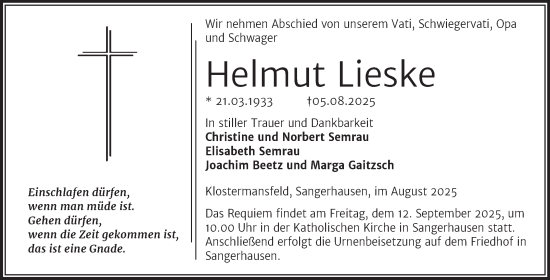 Traueranzeige von Helmut Lieske von Trauerkombi Mansfelder Land