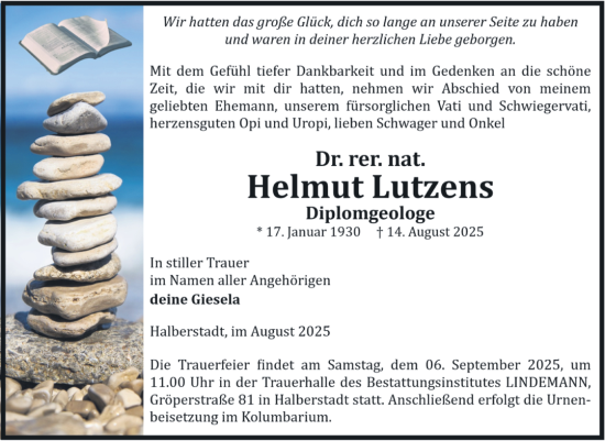 Traueranzeige von Helmut Lutzens von Volksstimme Halberstadt