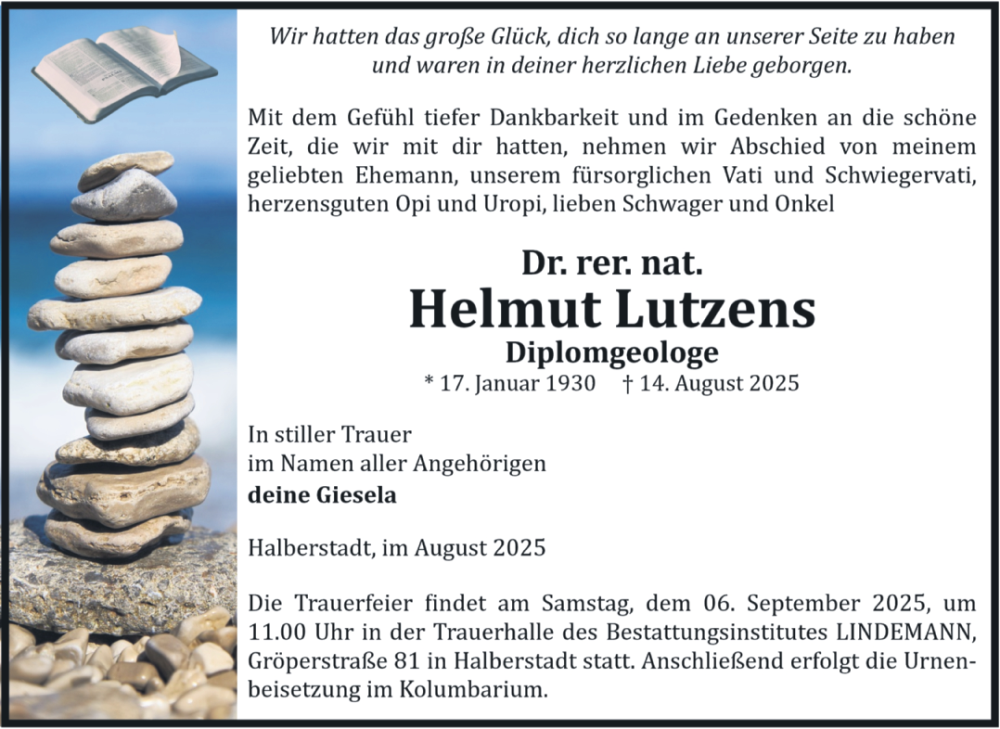  Traueranzeige für Helmut Lutzens vom 23.08.2025 aus Volksstimme Halberstadt