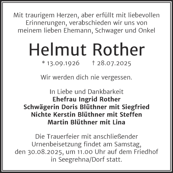 Traueranzeige von Helmut Rother von Trauerkombi Wittenberg
