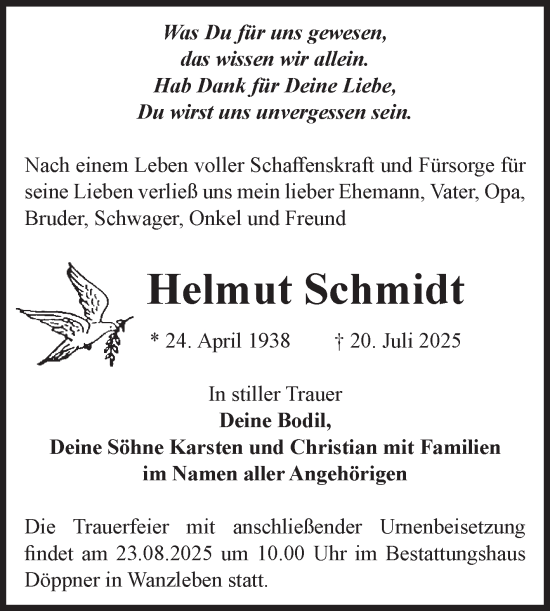 Traueranzeige von Helmut Schmidt von Volksstimme Oschersleben/Wanzleben