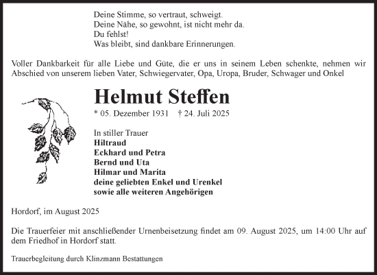 Traueranzeige von Helmut Steffen von Volksstimme Oschersleben/Wanzleben