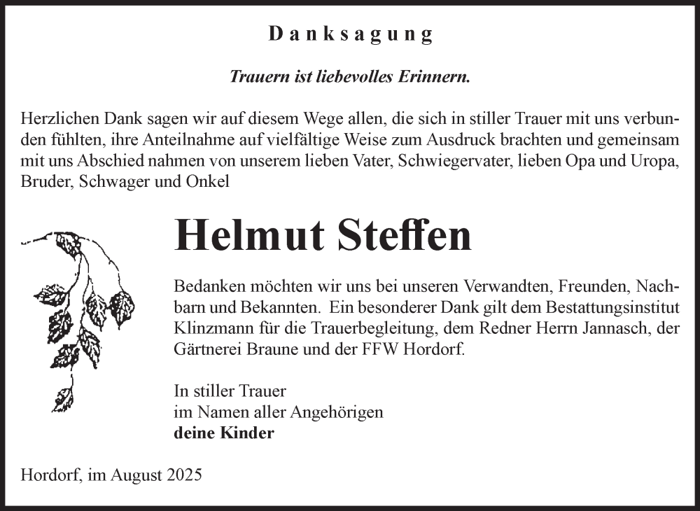  Traueranzeige für Helmut Steffen vom 16.08.2025 aus Volksstimme Oschersleben/Wanzleben