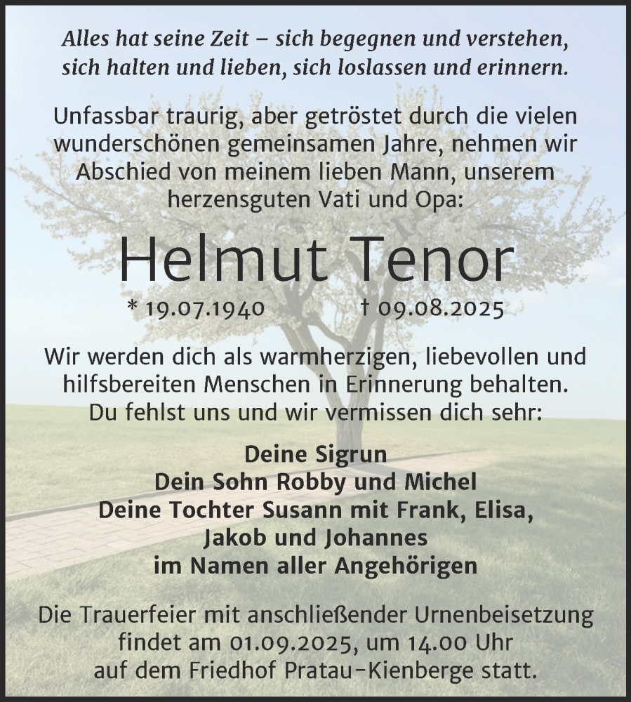  Traueranzeige für Helmut Tenor vom 23.08.2025 aus Trauerkombi Wittenberg