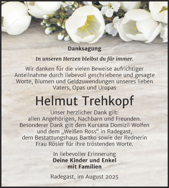 Traueranzeige von Helmut Trehkopf von Trauerkombi Köthen