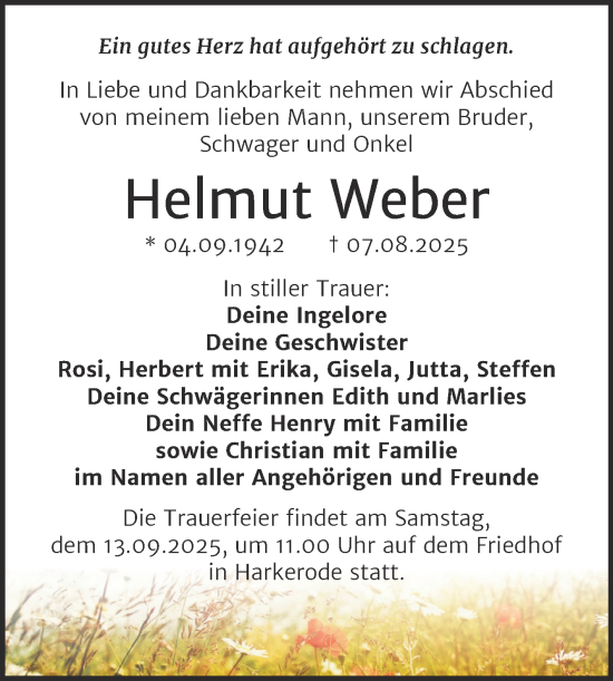 Traueranzeige von Helmut Weber von Trauerkombi Mansfelder Land