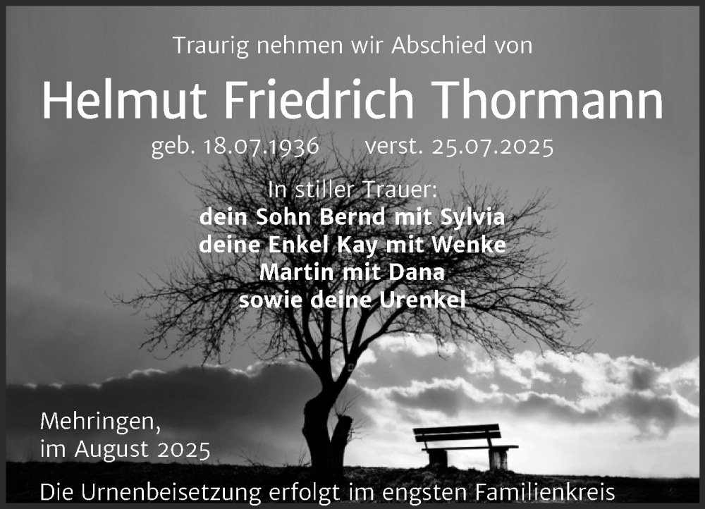  Traueranzeige für Helmut Friedrich Thormann vom 02.08.2025 aus Trauerkombi Aschersleben