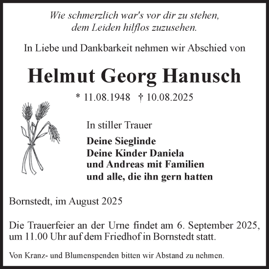 Traueranzeige von Helmut Georg Hanusch von Volksstimme Haldensleben/Wolmirstedt