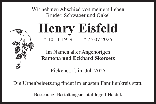 Traueranzeige von Henry Eisfeld von Volksstimme Schönebeck
