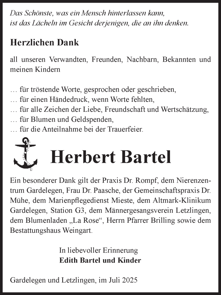  Traueranzeige für Herbert Bartel vom 05.08.2025 aus Volksstimme Altmark West