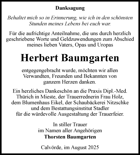 Traueranzeige von Herbert Baumgarten von Volksstimme Haldensleben/Wolmirstedt