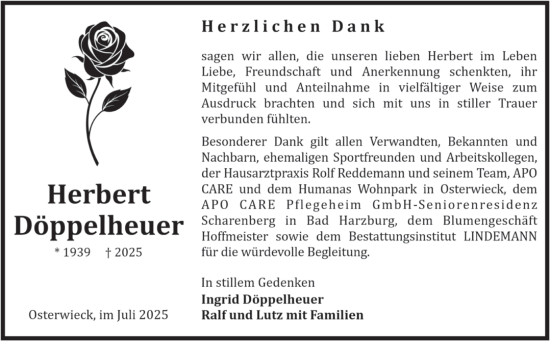Traueranzeige von Herbert Döppelheuer von Volksstimme Halberstadt