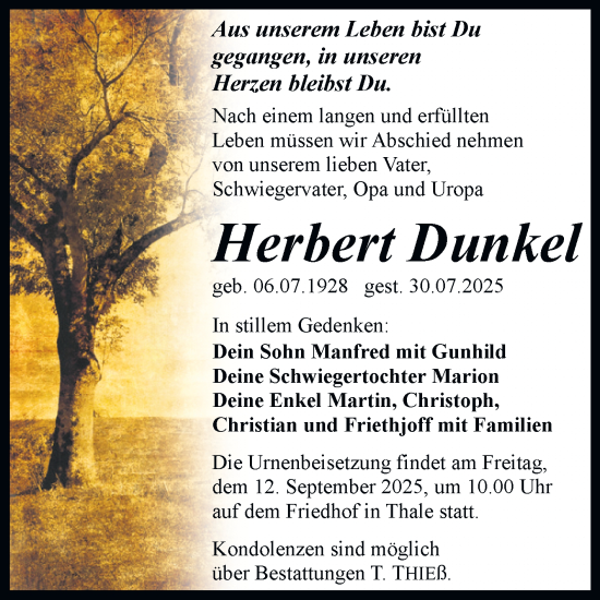 Traueranzeige von Herbert Dunkel von Trauerkombi Quedlinburg